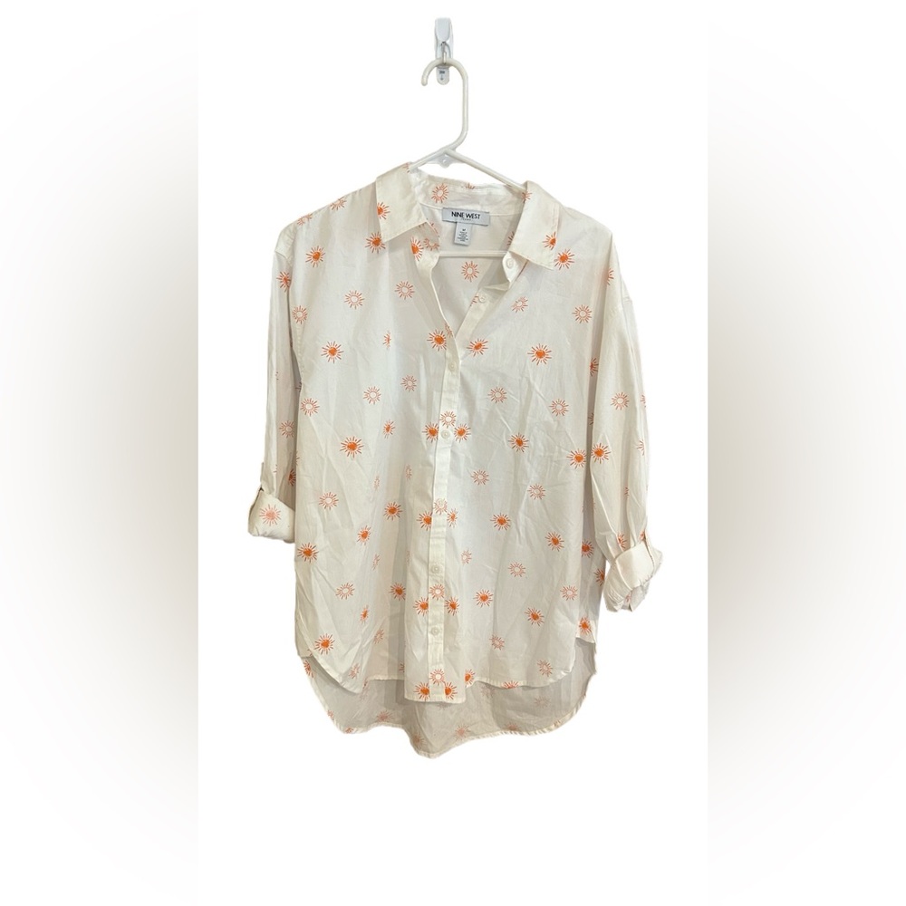 Nine West White Blouse with Orange Sun Design